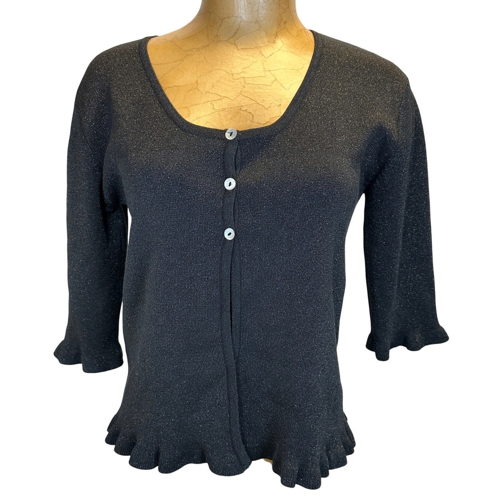 Joseph A Black Metallic Silk Blend Ruffle Hem Cardigan Sweater Whimsigoth 90s
